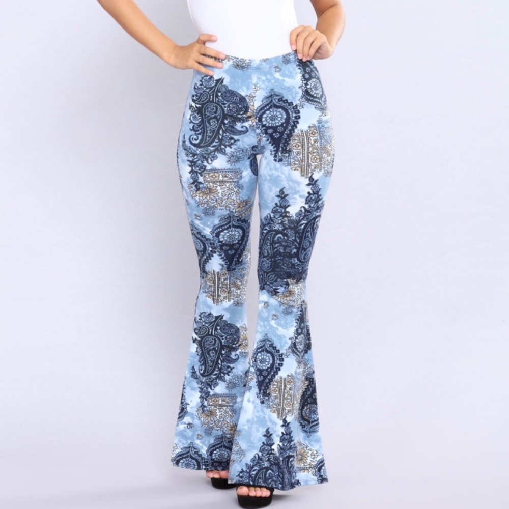 Bell Bottom Printed Pants — “Ellie” Blue Multi